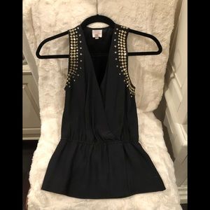 Parker black silk top with gold grommets- small